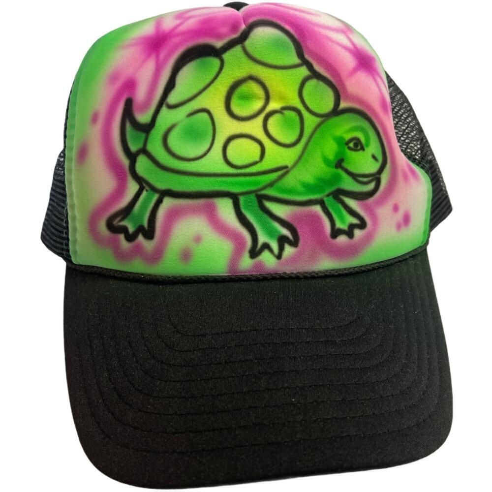 Nissin Black Multicolor Trucker Hat Turtle Print Green Black
